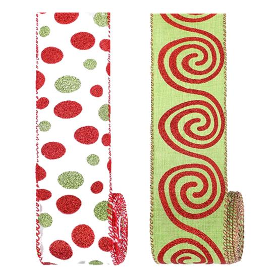 5 Yards Christmas Wired Ribbon 2.48" Red Green Polka Dot/Stripe/Swirl Christmas Wrapping Ribbon for Xmas Tree Wreath Bow Gift Wrapping DIY Crafts
