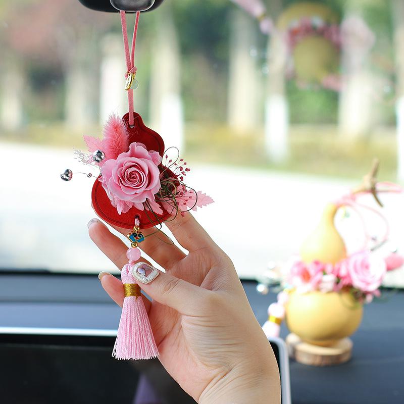 Lu Yi Handmade Eternal Flower Fortune and Prosperity Car Hanging Pendant - Chinese Style New Year Blooming Rose Gourd Decor.