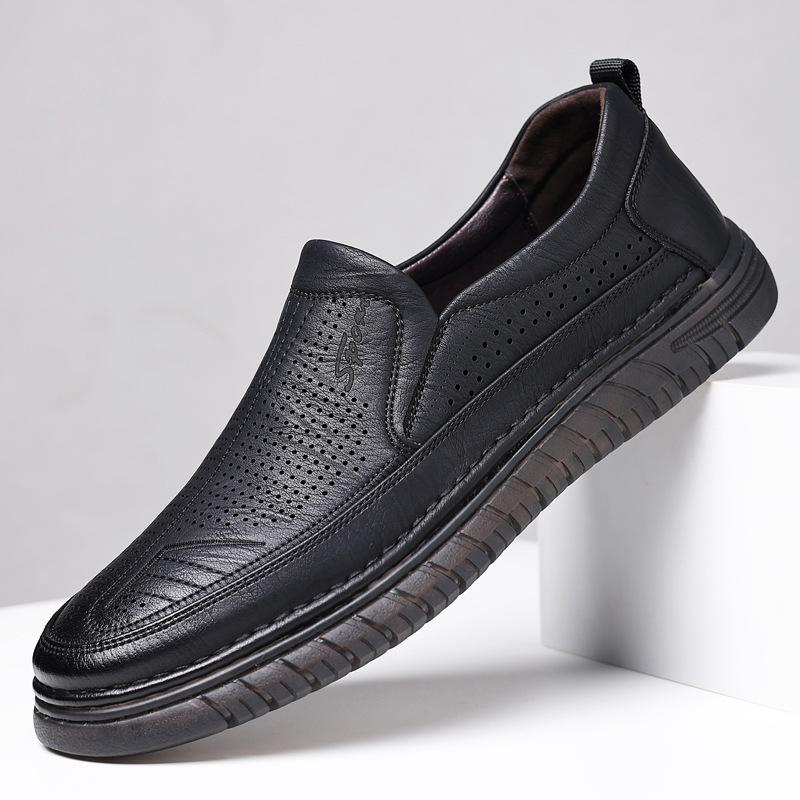 Men's Shoes Summer Thin Cowhide Breathable Men's Casual Leather Shoes Soft Sole Hollow One Pedal Hole Shoes