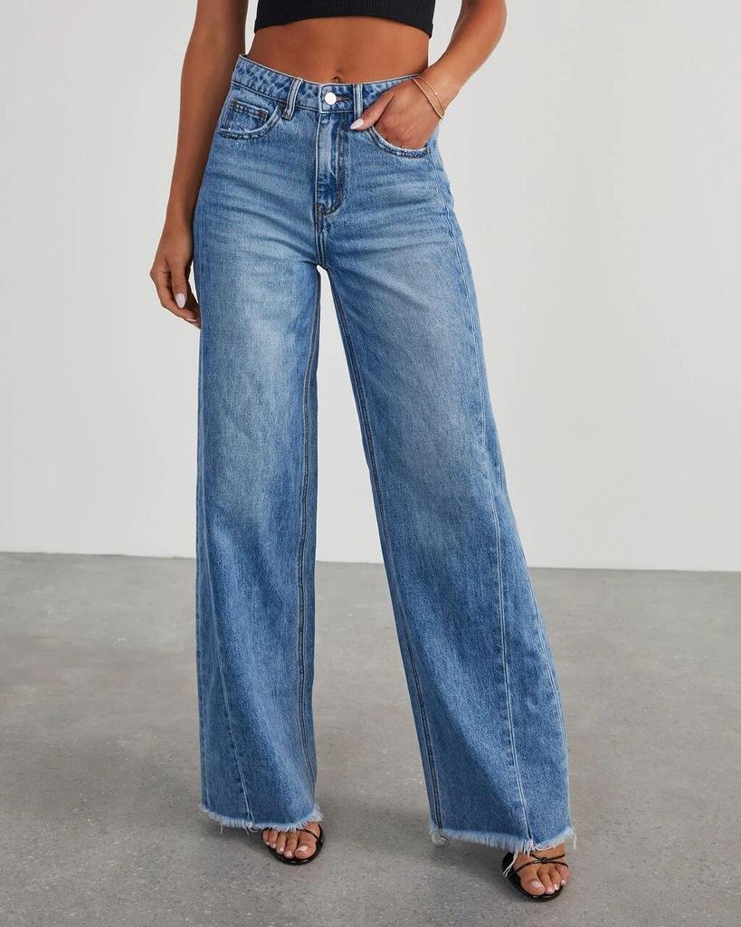 2023 Women's Wide-Leg Patchwork Frayed Hem Jeans
