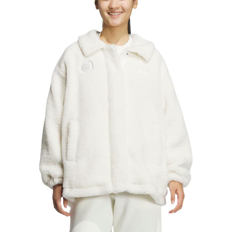 【Adidas】◆Lounge Warm Boa Jacket Off White◆JJ3575◆ Adidas Lounge FW24 Solid Color Zipper Loose Long Sleeve