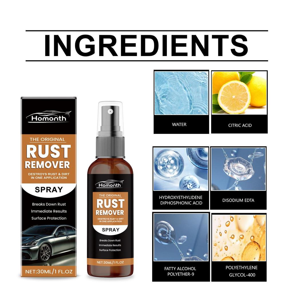 Homonth Rust Remover Spray 30ml - Multi-functional Car Cleaner, Rust Remover, Refurbisher, Polisher, Stain Remover. General - Men's Gifts