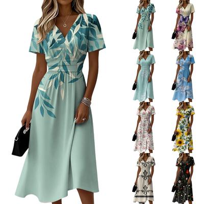 Ladies' Floral Casual Fashionable Short Sleeved V-neck Dress