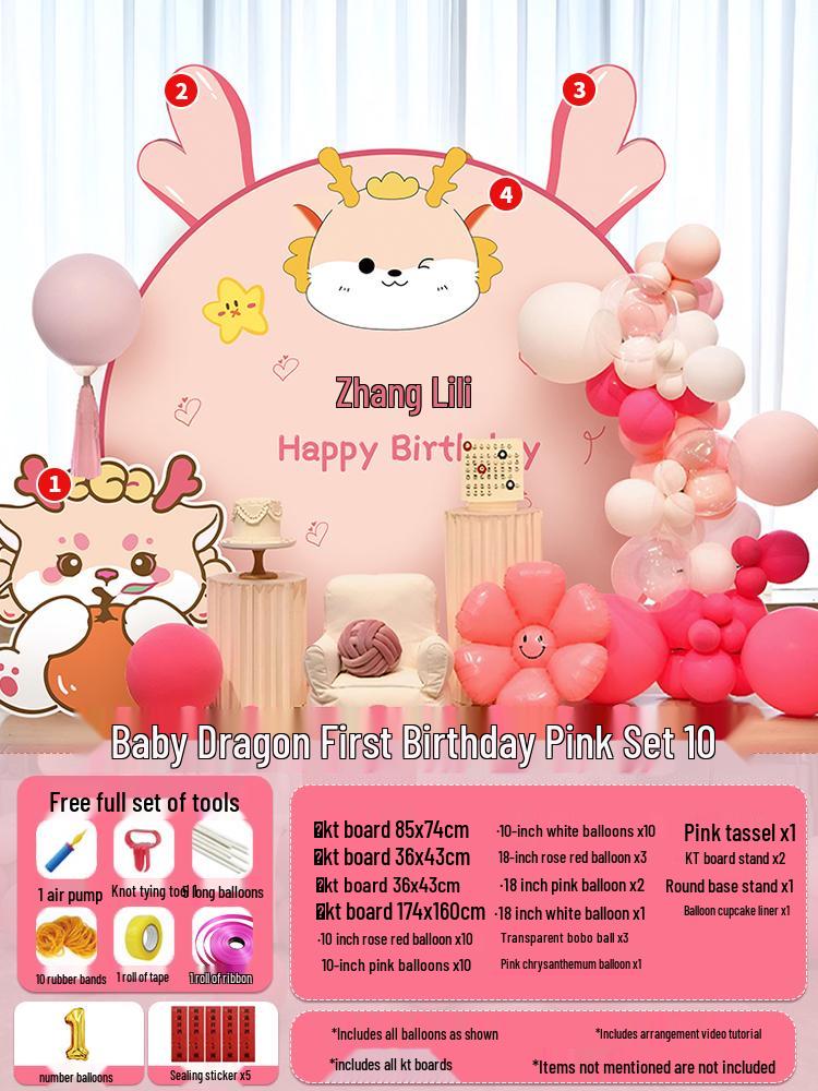 Dragon Baby Balloons & KT Board Backdrop for Girl's First Birthday Party