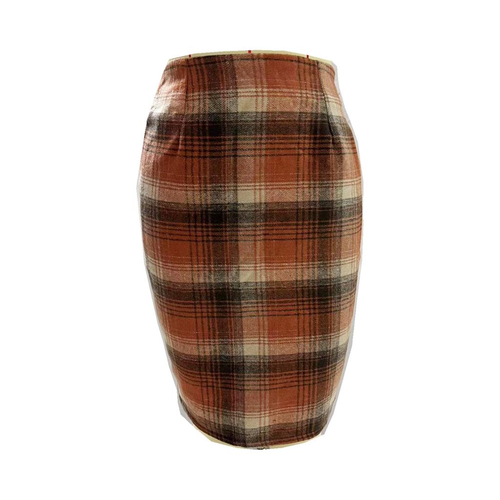 Women's High Waist Plaid Skirt Skinny Pencil Wool  Skirt
