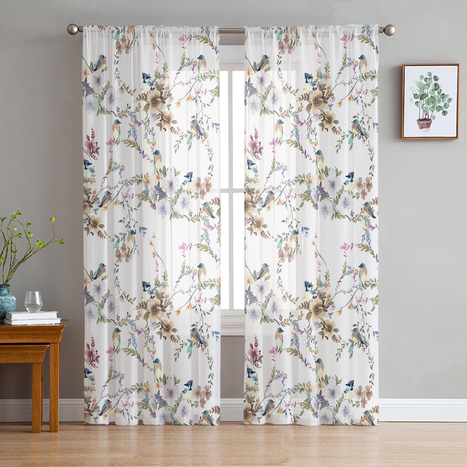 

Растения Цветы Акварельные Птицы Прозрачные Шторы для Декора Гостиной Оконные Шторы Кухонная Зона Тюль Волан Органза Шторы W135 x H115cm x1&Rod Pocket