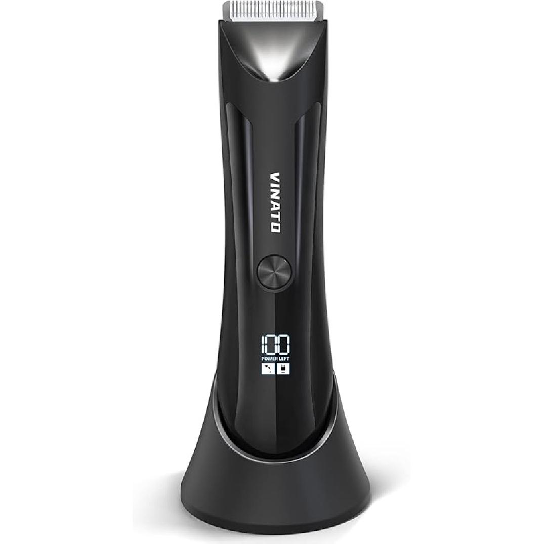 Электрический триммер для волос на теле VINATO - Триммер для интимной стрижки, Триммер для волос в паху для мужчин, Водонепроницаемая бритва для мошонки, Зарядная станция USB, Сменная керамическая