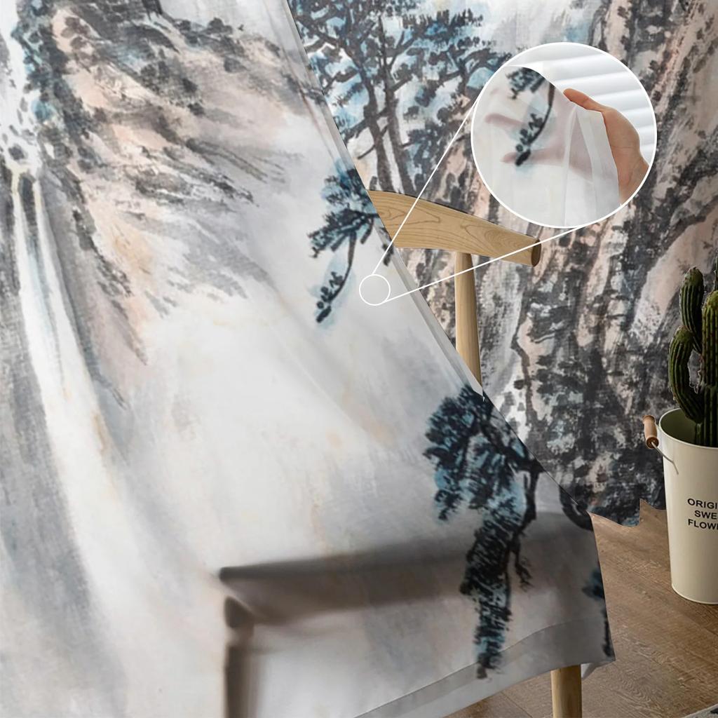 Landscape Ink Painting Tulle Window Curtains Living Room Organza Yarn Sheer Voile Curtain Bedroom Kitchen Home Decor Drape