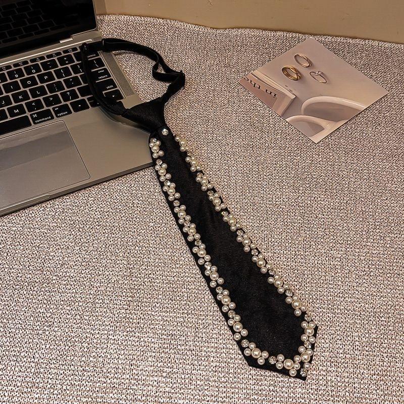 Pre Tied Black Fashion Neckties With Faux Pearl Rhinestone Decor Perfect For Party Wedding Daily Wear Special Events