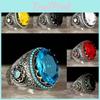 Aquamarine Retro Hiphop Mens Engraved Eggshaped Ring
