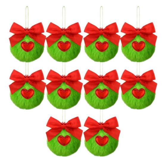 10 Pcs Green Furry Christmas Ball Ornaments with Red Bow Soft Faux Fur Pom Pom Ball Hanging Decorations for Holiday Tree Decor