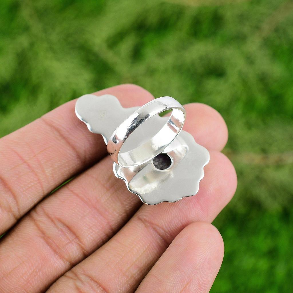 925 Sterling Silver Chevron Amethyst Stone Statement Artisan Flower Mother Ring