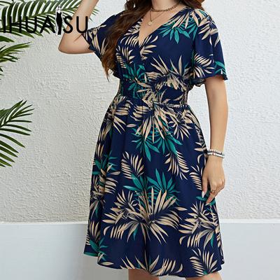 Été Printemps Grande Taille Col en V Taille Cintrée Amincissante Robe Femme à Manches Courtes