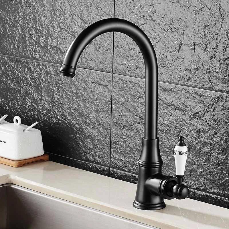 Modern 360 Degree Rotate Brass Matte Black Single Hole Single Handle Hot and Cold Water Deck Mounted Kitchen Faucet Water Tap (Black,Brass)