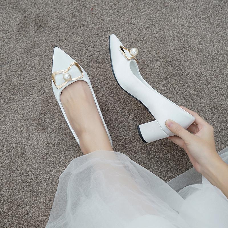 Bridal Shoes Women High Heels Champagne Pearl Rhinestone Wedding Shoes White