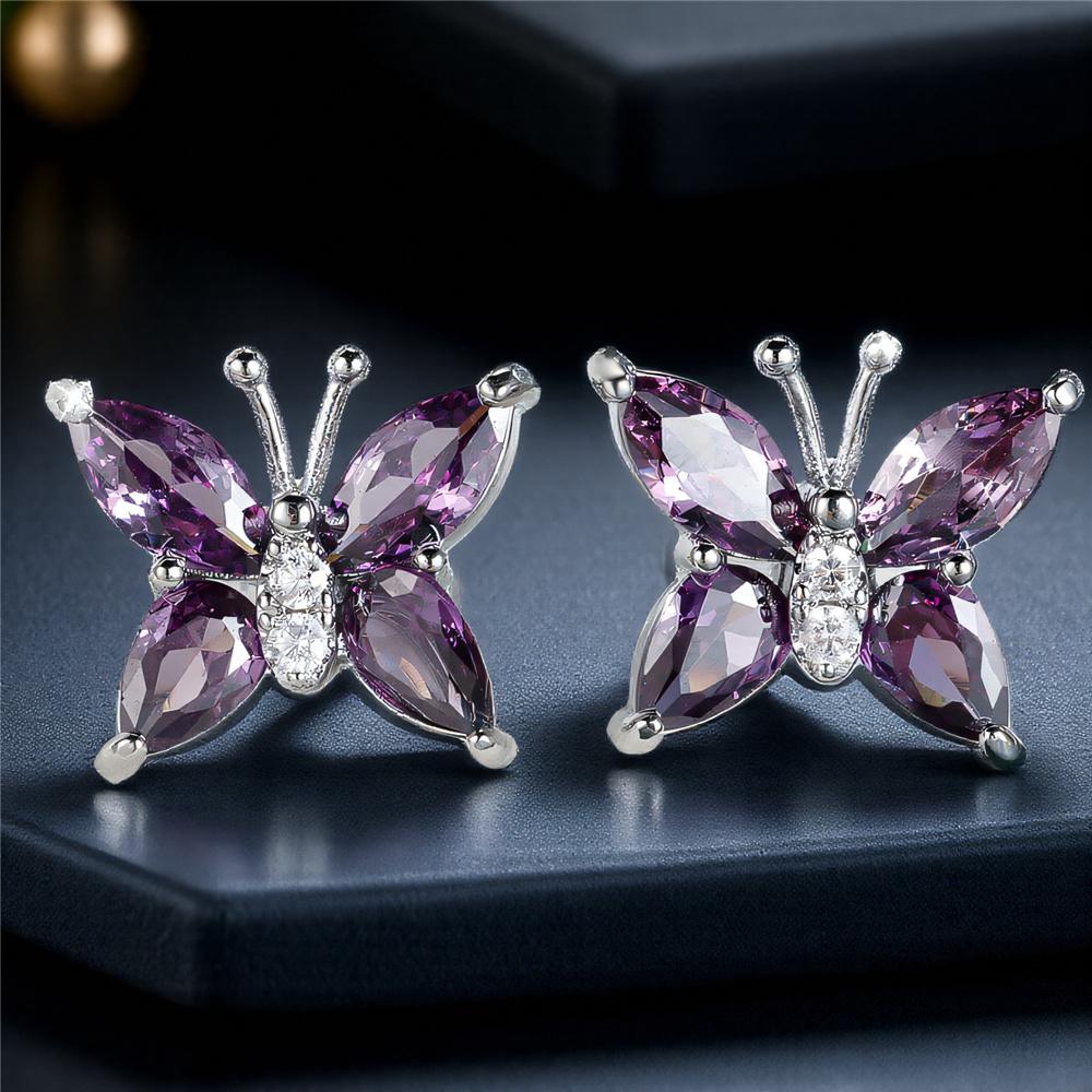 Simple Female Purple Crystal Stone Silver Color Stud Earrings Cute Bridal Butterfly Weddings Jewelry For Women