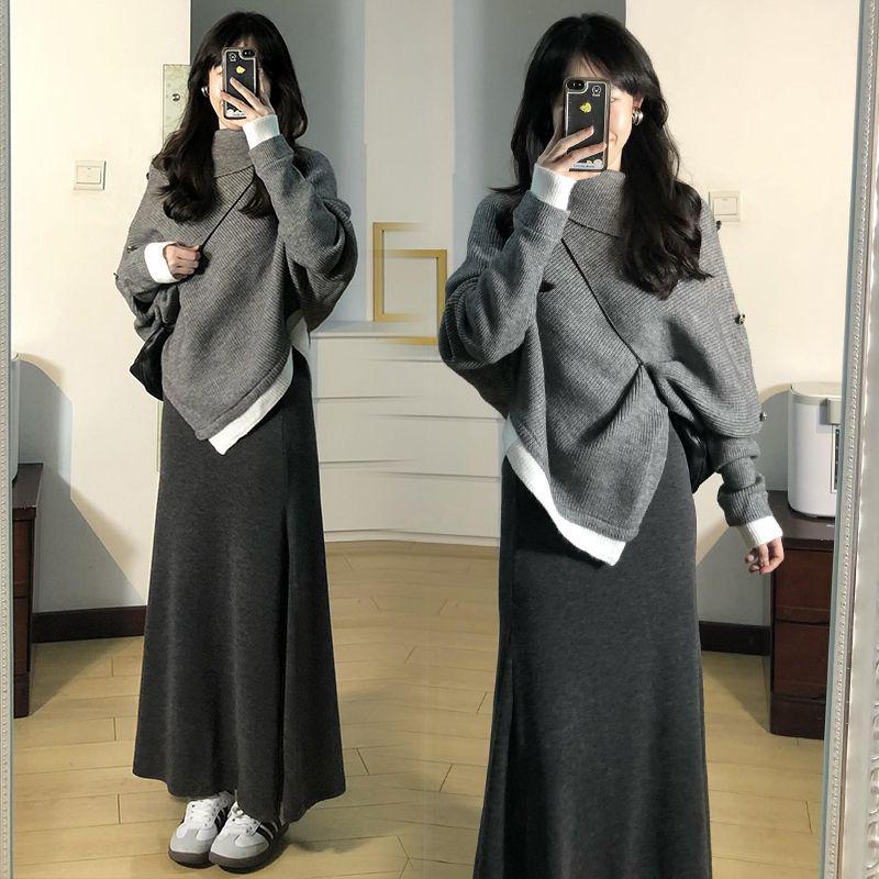 Women's High-End Irregular Knit Sweater Dress Set - Autumn/Winter Collection