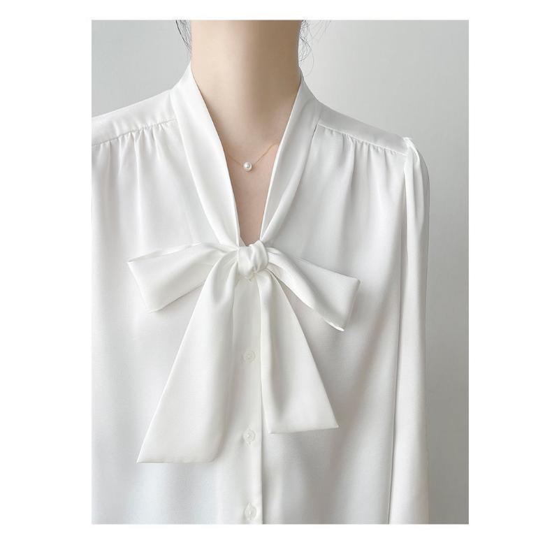 Spring Women's French Style Bow Tie Blouse, Satin Office Shirt with Flowing Ribbon Detail, Sexy Elegant Commute Wear for Business Casual