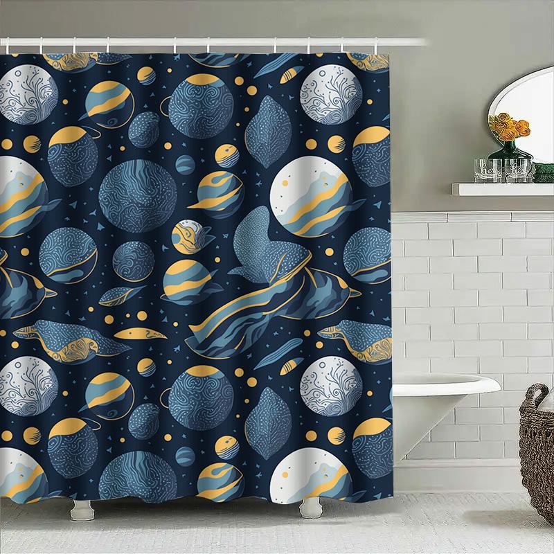 Space-Themed Shower Curtain: Blue Planets Design Bathroom Decor For Kids Adults Waterproof Fabric Shampoo Bag Cover