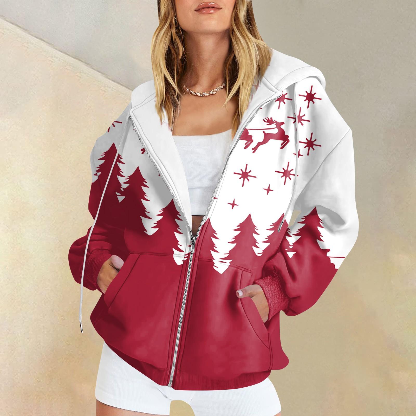 

Женская длинная куртка-кардиган с рождественским принтом и карманами на молнии с капюшоном XXL белый