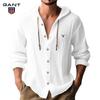 Gant Embroidery Men's Solid Color Casual Long Sleeved Shirt Hooded Drawstring Cotton and Linen Cardigan Trendy Versatile Loose Beach T-shirt