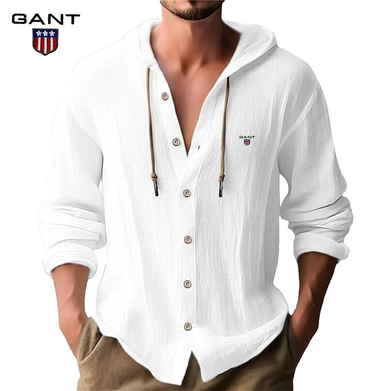 Gant Embroidery Men's Solid Color Casual Long Sleeved Shirt Hooded Drawstring Cotton and Linen Cardigan Trendy Versatile Loose Beach T-shirt