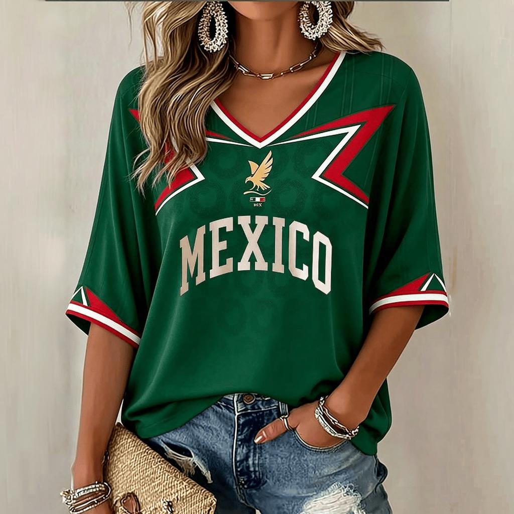 Women's V Neck Short Sleeve T Shirt Soccer Graphic Print Casual Loose Fit Top for Summer and Everyday Wear