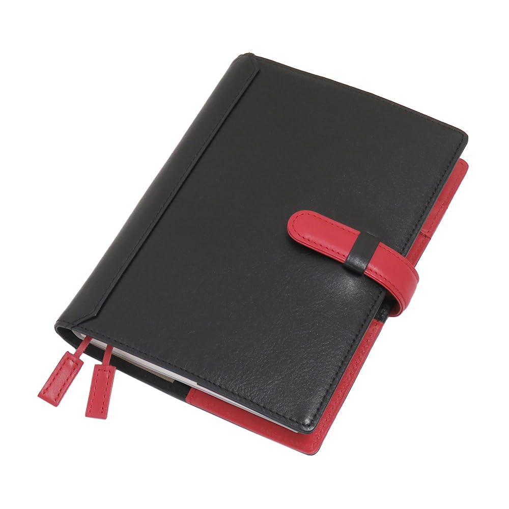 

B6 Size Genuine Leather Notebook Cover with Black x Red (Seal Al) Strap, Two-Tone CLuaR-TC (09. (Spine Black))