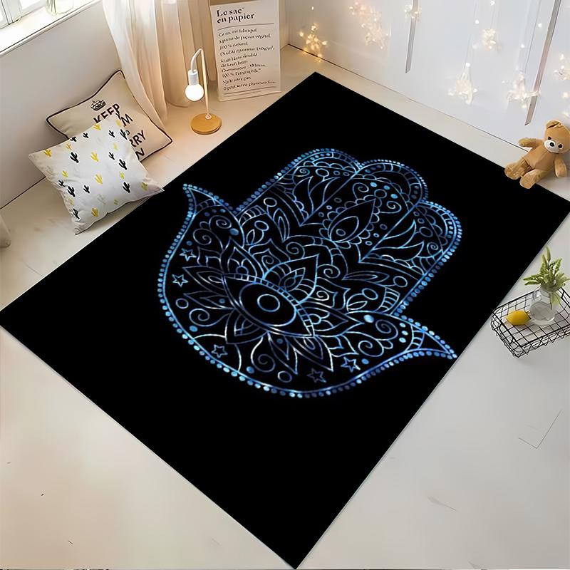 Mandala Hamsa Hand Carpet, Black and Blue Bohemian Living Room Rug Suitable for use as an anti-slip for living room bedroom sofas