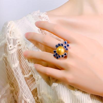 Copper Platinum Plated Bead Sapphire Pearl Ring Grey Pearl Yellow Bead Sapphire Women'S Pearl Ring