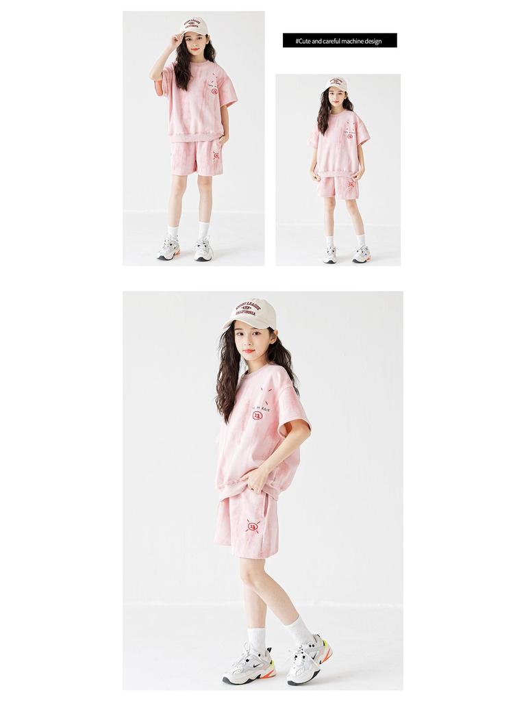 2025 Korean Style Girls' Tie-Dye Short Sleeve Pants Set - Fashionable Big Kid Sports Two-Piece Outfit