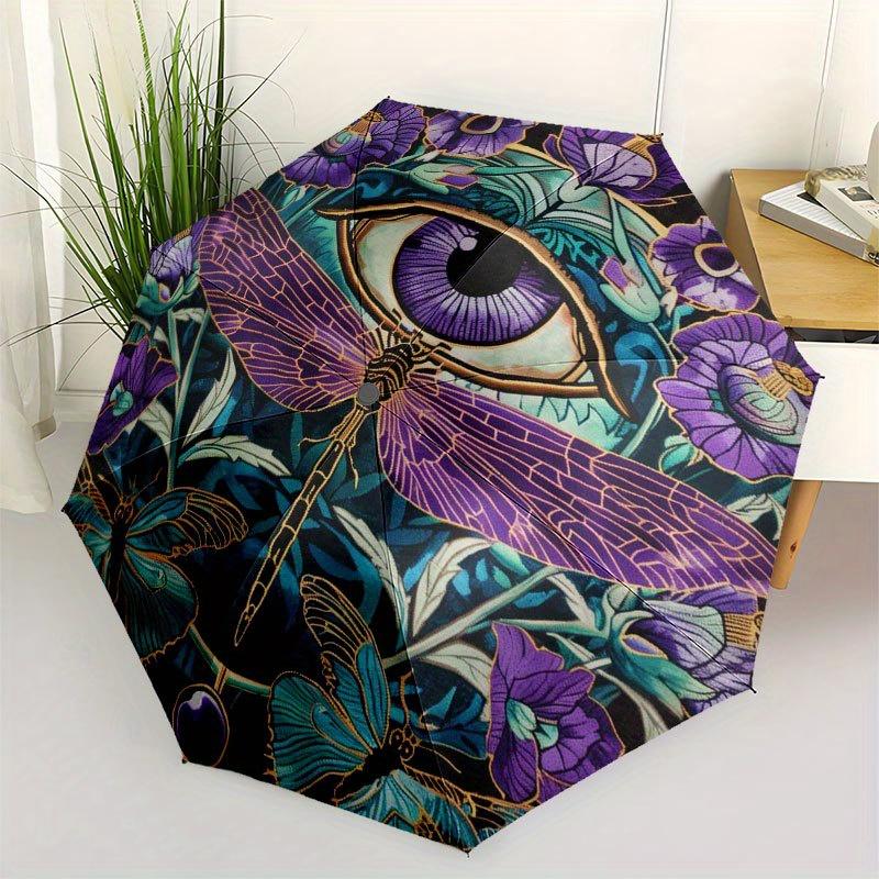 Enchanted Garden: Dragonfly & Eye Tapestry Umbrella, Cute Umbrella with Cute Design, Portable 3-Fold Compact Umbrella for Men & Women, Valentine s Day