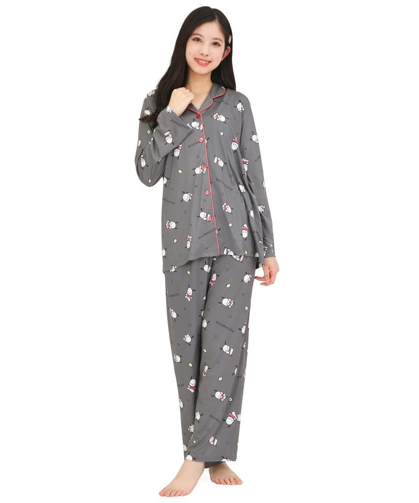 Pochacco Shirt Powder Long Long Top and Bottom Room Loungewear [SAZAC] Pajamas, Stretch, Women's, Sleeves, Pants, Set, Wear, (Gray/M/SAN1912)
