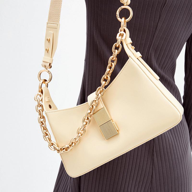 Charles & Keith Fashion Minimalist Trendy Chain Faux Leather Shoulder Bag Women Shoulder Bag Black Beige Green CK2-20781726-1