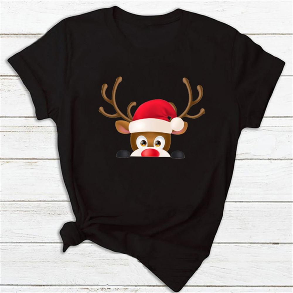Fashion Women's Tops Tee Women Merry Christmas Holiday T-shirts Funny Cartoon Santa Reindeer Printed Black T-shirt Female ...