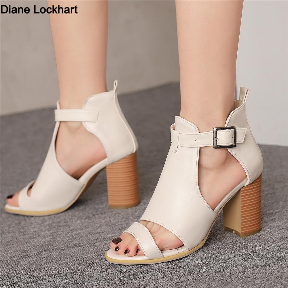 Fashion Women Sandals Chunky High Heels Soild Gladiator Open Peep Toe Women Black Shoes Buckle Beige Green Yellow Sandalias De Mujer