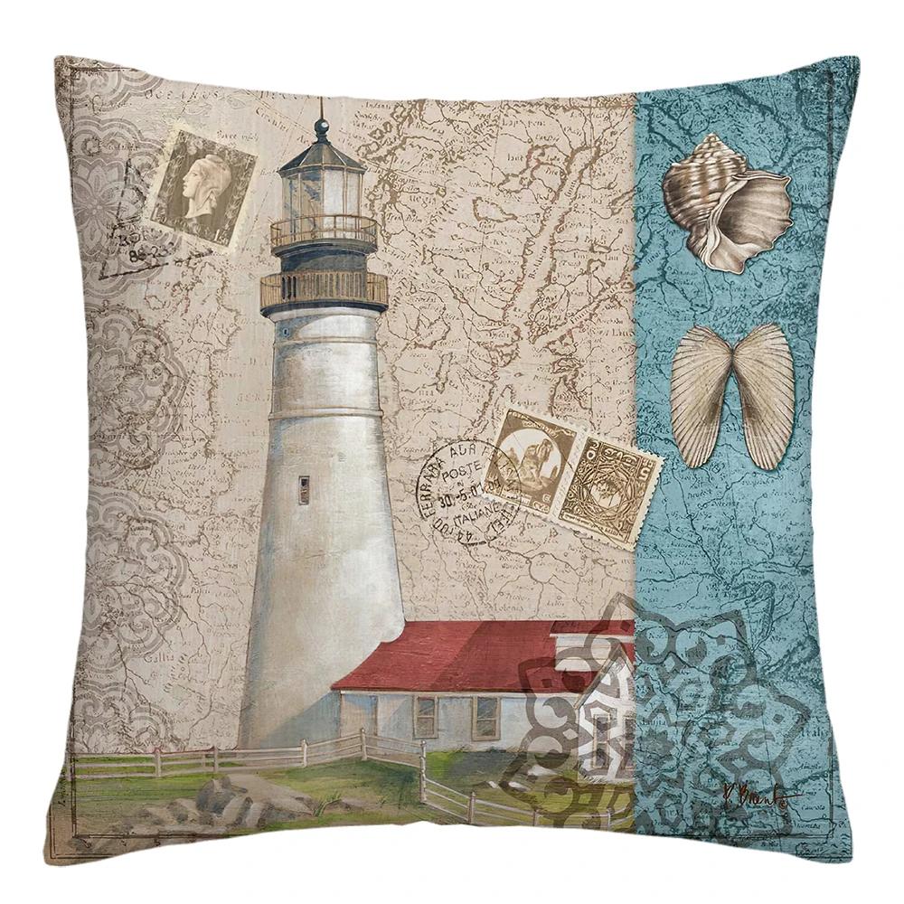 Sea Lighthouse with Shells Plush Pillowcase, Sofa Cushion Cover for Home Improvement, Home Decoration Pillowcase
