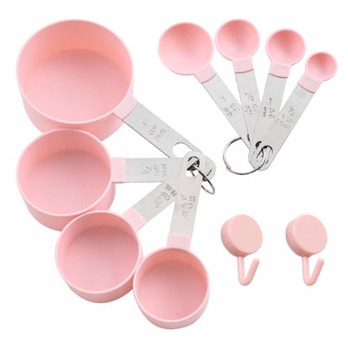 XGiGiX 8-Piece Pink Measuring Cup and Measuring Spoon Set with Stainless Steel Handles, Cute Pink Cups, and 2 Kitchen Tool Hooks