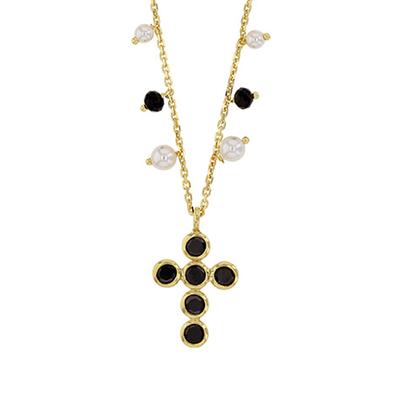 [R5470] - Handcrafted Silver Necklace 'Gypsy Cross' Black Gold - 17x13 Mm