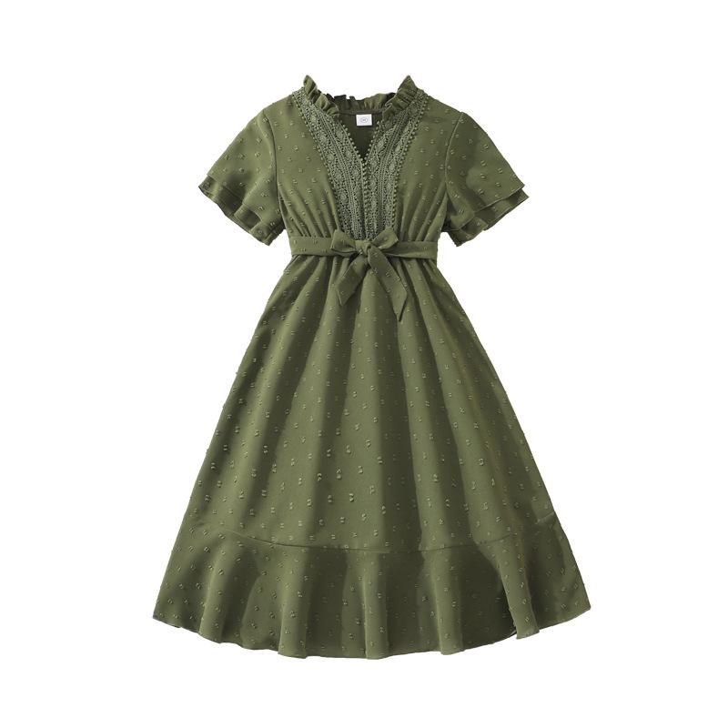Girls' Casual Dress for Summer - Elegant Short-sleeved Lace V-neck Dress for Children