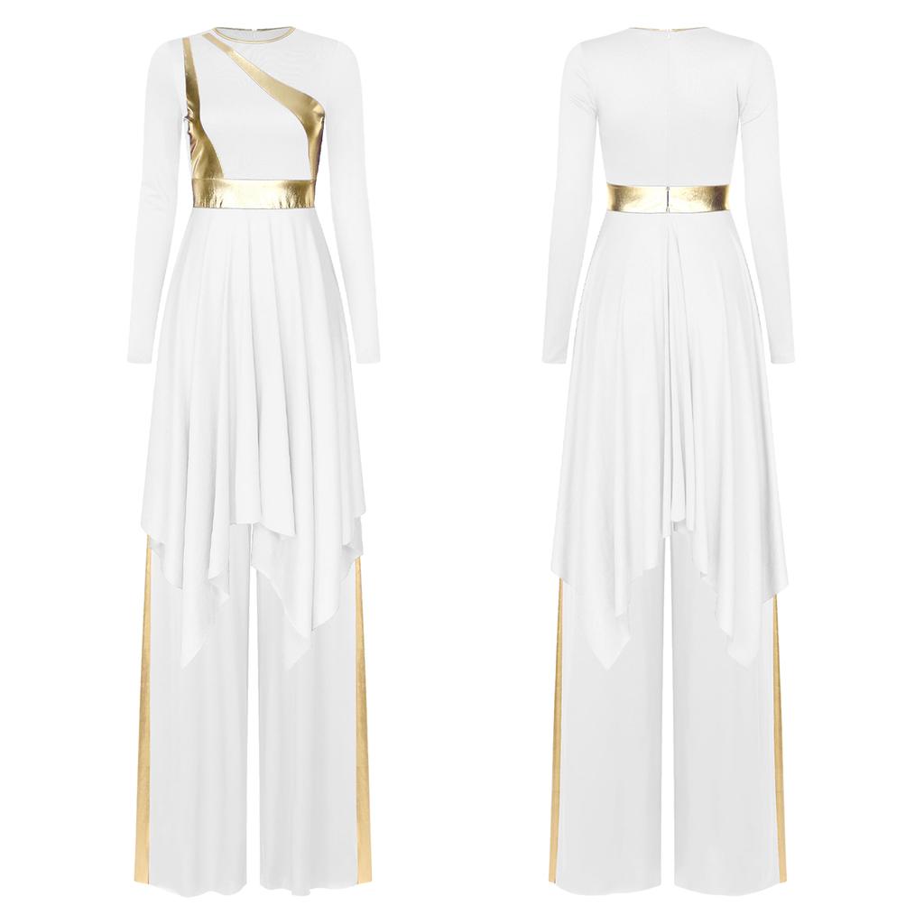 Completo Lirico da Ballo Metallico Lucido da Donna Vestito Patchwork a Maniche Lunghe con Orlo Irregolare Set di Pantaloni a Gamba Larga