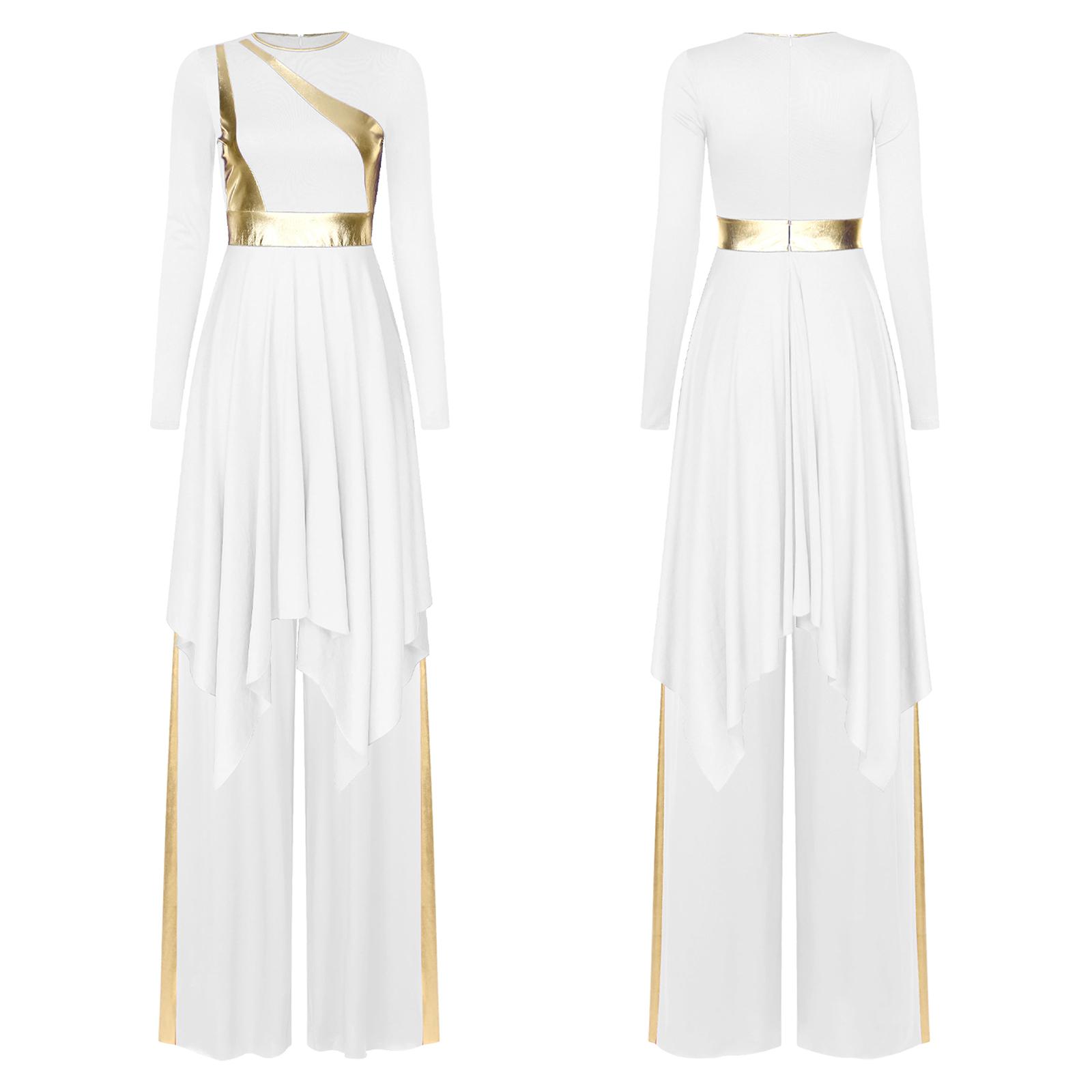 

Women s Liturgical Dance Dress & Pants Set S-XXL: Round Neck Long Sleeve Metallic Shiny Patchwork Irregular Dress with Wide-Leg Pants білий