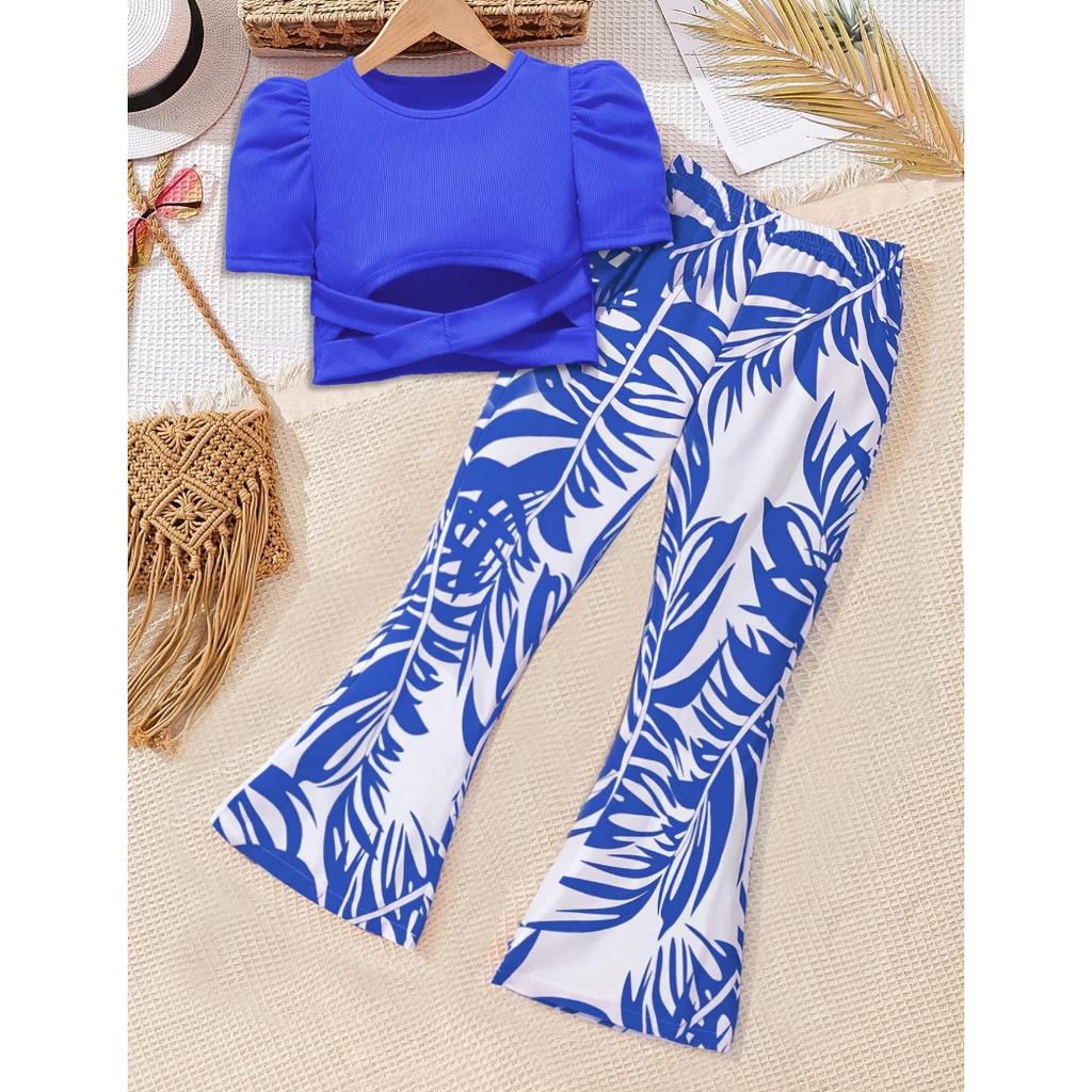 3-10 Years Girls Summer Suit Cross-strap Puff Sleeve Short Top Printed Bell Bottoms Two-piece Set