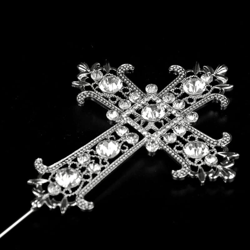 Topper Metalowy Krzyż Srebrny Z Diamentami