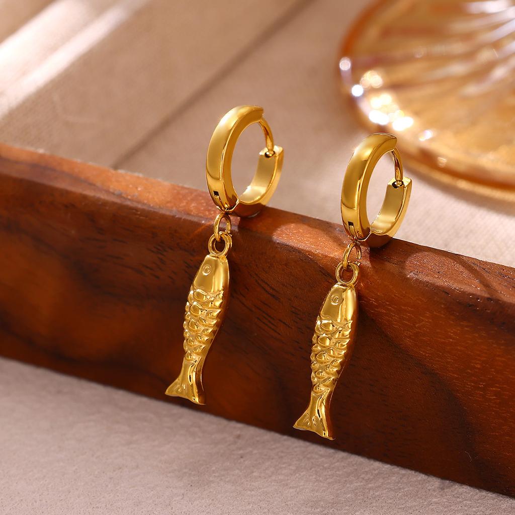 Cute Hoop Earrings Women's Party Geometric Heart Small Fish Gold Color Hanging Hoops Stainless Steel Jewelry Flower Earring Gift