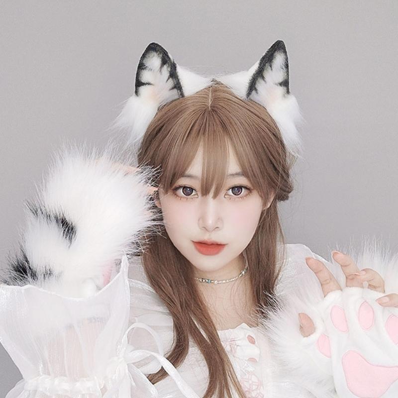 Cute Anime Beast Tail Cat Ear Headband Paw Gloves Set Lovely-Fox Tail Themed Party Costume Cosplay Props for Festivals