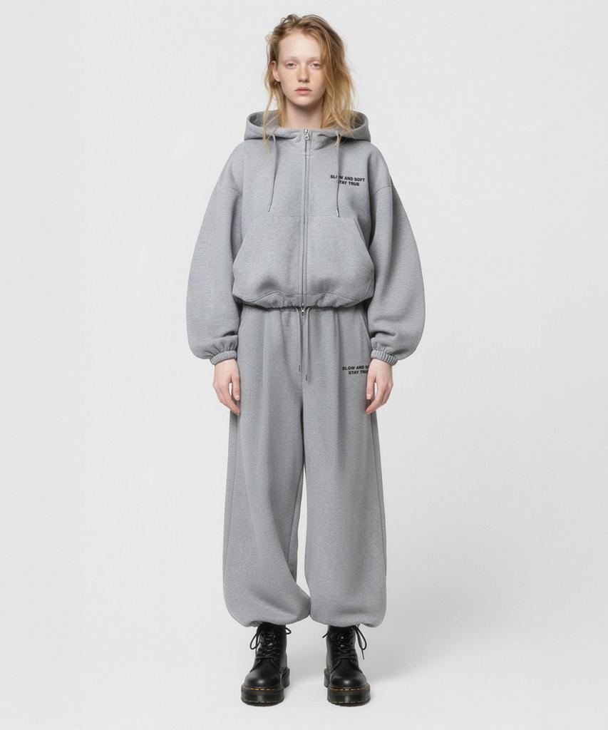 Prinoar [Set] Slow And Soft String Oversized Two-Way Zip-Up Hoodie + One-Pleat String Pants - Melange