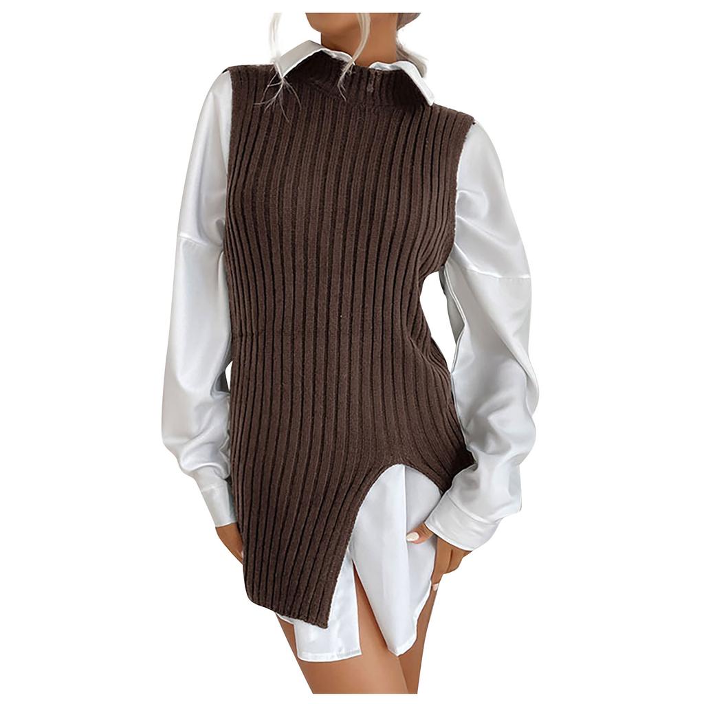 Women V-neck Solid Color Casual Half High Collar Sleeveless Vest Vintage Knitting Sweater