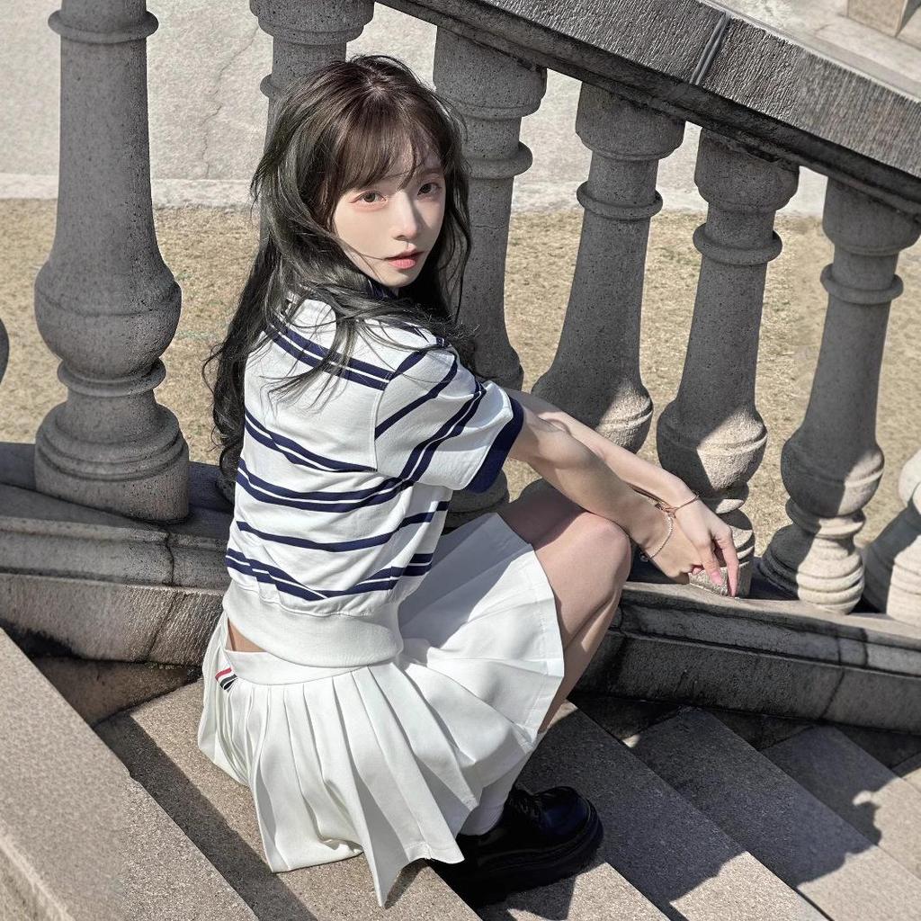 Shang Xiaoman Women's Korean Style Striped Polo Collar T-shirt - Slimming, Age-Reducing, Trendy Art Student Top
