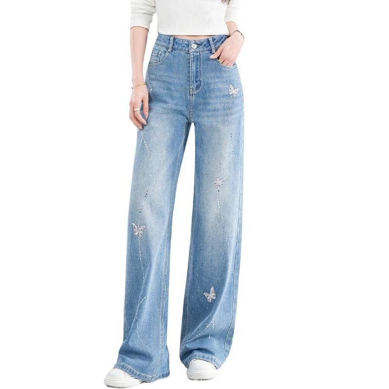 Wide Leg Jeans Women's Summer New High Waist Loose and Thin Drape Heavy Industry Butterfly Hot Drill Straight Pants